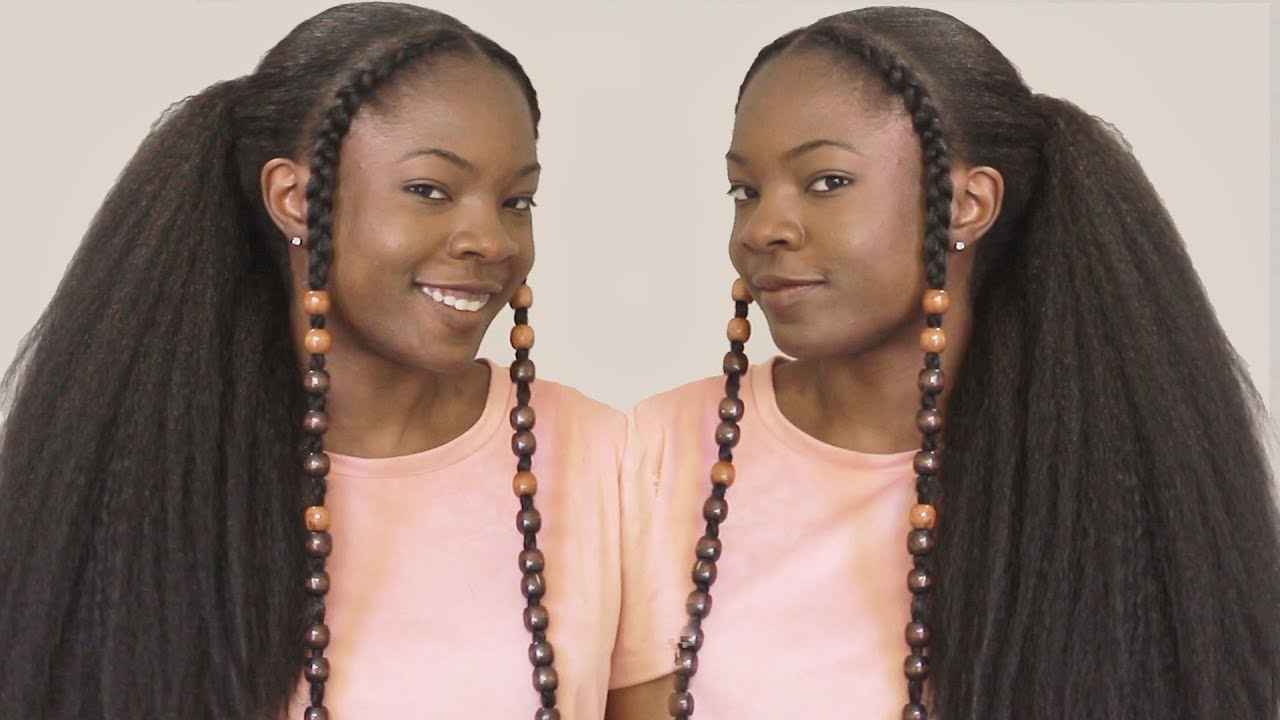 Easy Protective Style Tutorial Drawstring Ponytail Braids Beads Hairstyle