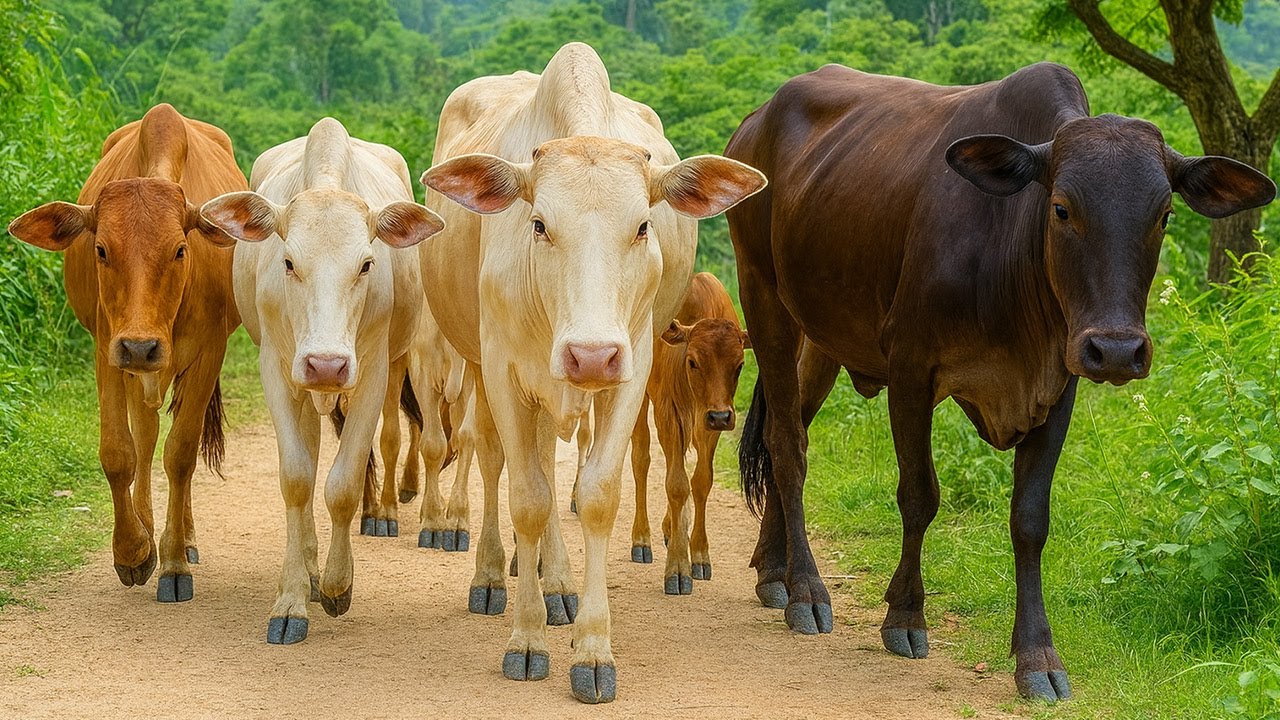 A crowd of cows being guided by the herder, Cow sound Moo, Cute cows that are healthy and fat.