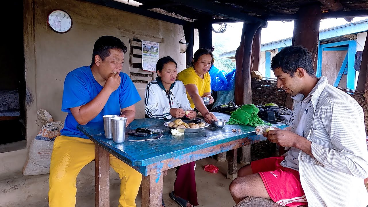 bhumi sarmila cooks potato for friends in the village || village life in Nepal ||