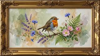 Robin Bird on Branch with Lavender & Roses | 4K Ambient TV Art | Watercolor Painting screenshot 3
