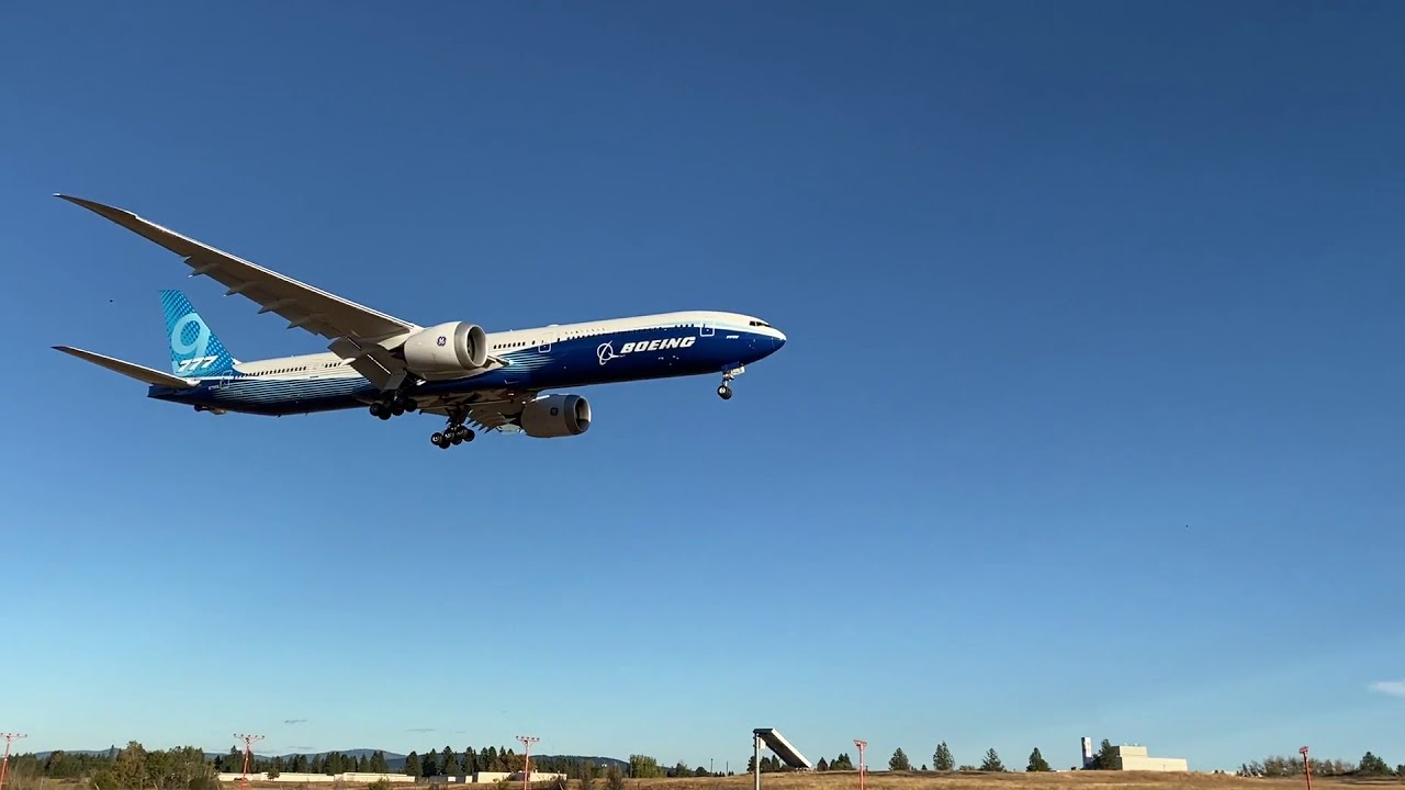 Boeing 777X landing at Spokane Intl. Airport