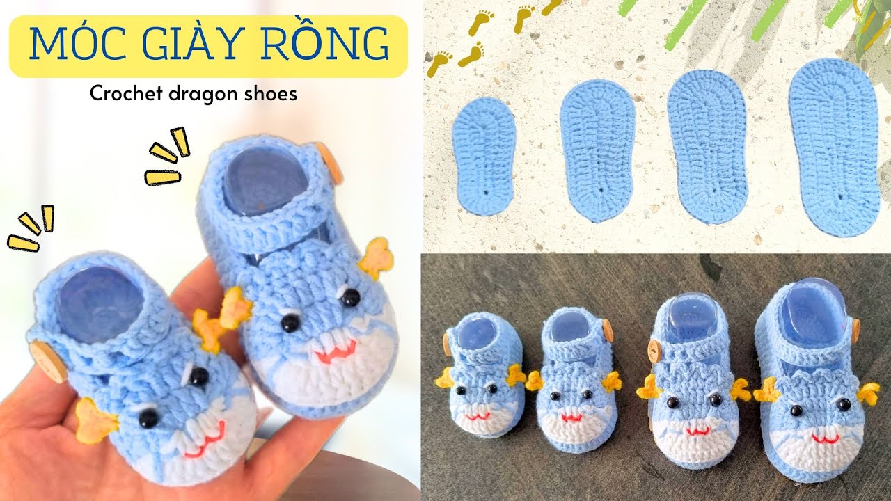 Bài 436: Crochet Dragon Shoes | Móc giày len con Rồng | size 8-14cm | Bi Do Handmade