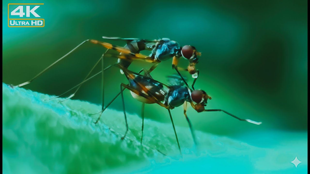 Macro Nature: Long-Legged Flies Mating on Leaf | Close-Up Insect Behavior #macro #nature #insects