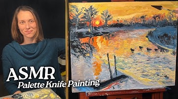 ASMR Palette Knife Painting: Snowy River at Sunrise with Ducks (Soft Spoken, 2 Hours)
