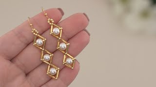 Easy Earring Tutorial with Bugle Beads: Gold Diamond Pearl Earrings Making | Handmade Pearls Jewelry
