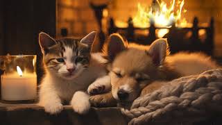 White noise Fireplace in Cozy room with Pets sleeping, ASMR sounds, Sleep music, Chill music, Fire