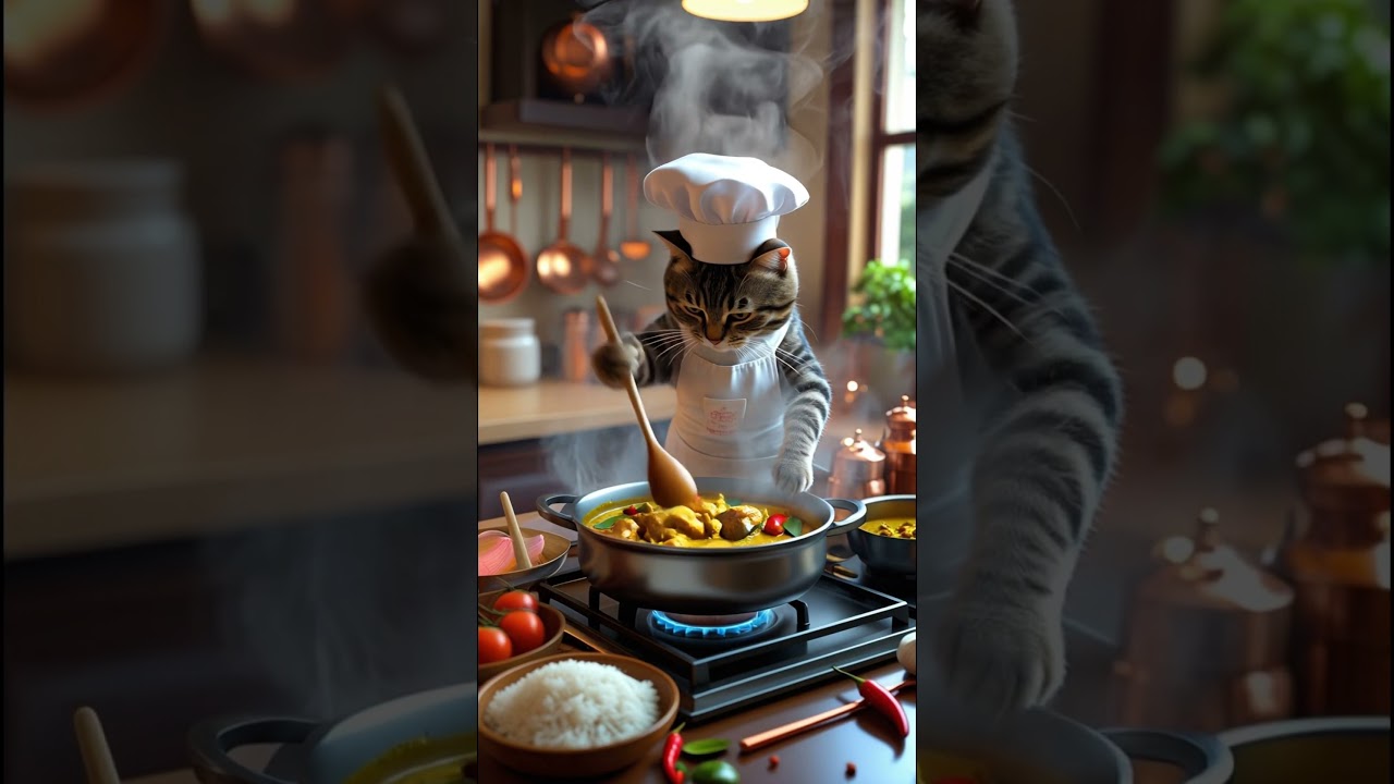 Ai little cat cooking chicken 