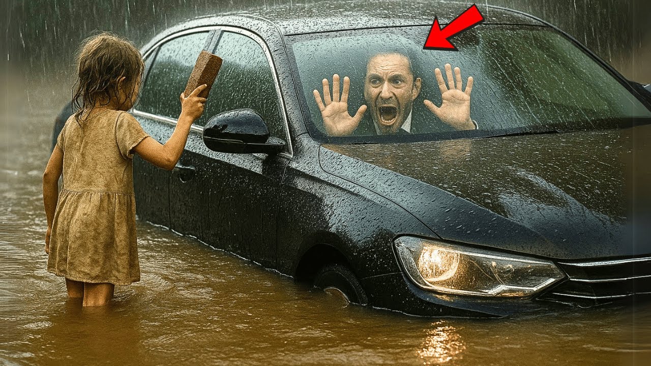 MILLONARIO CAE AL RÍO Y QUEDA ATRAPADO EN SU AUTO BLINDADO, PERO CUANDO ESTÁ HUNDIÉNDOSE UNA MENDIGA