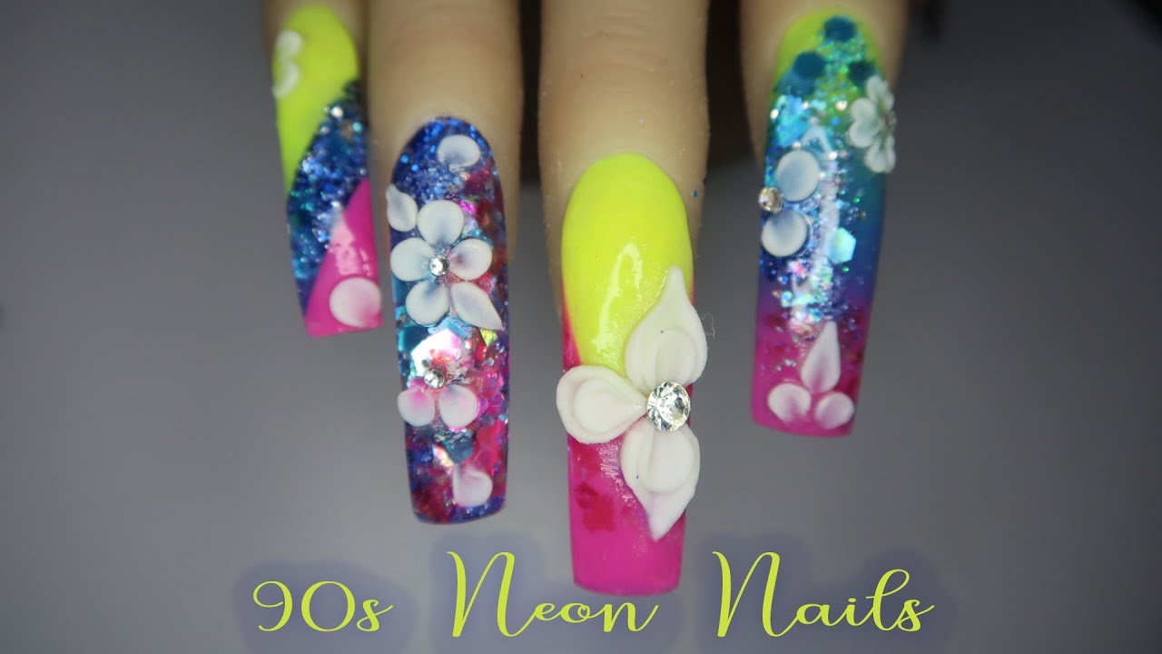90s Inspired Neon Square Curved Acrylic Nails #17