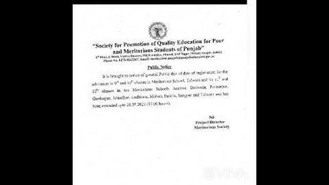 Regarding Extension in date of Registration for admission in  Meritorious Schools.