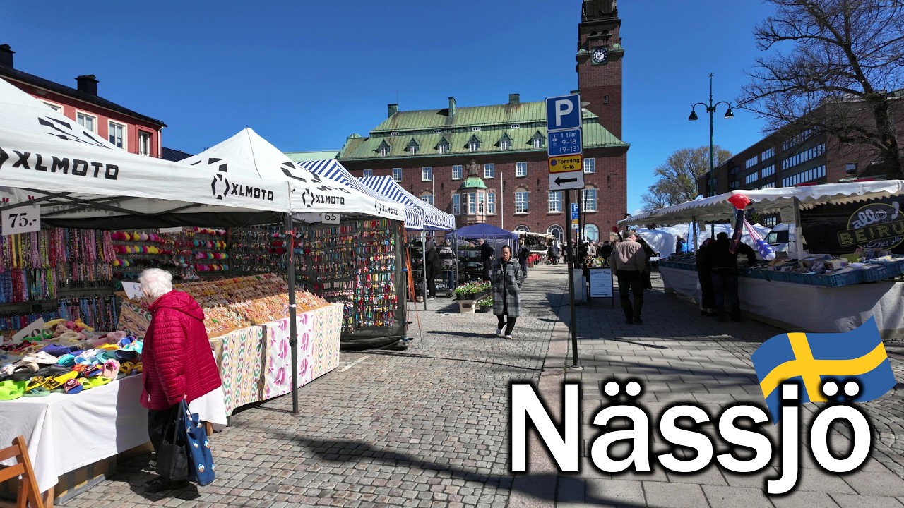 Sweden, walking tour of the city Nässjö, the central parts and a market.