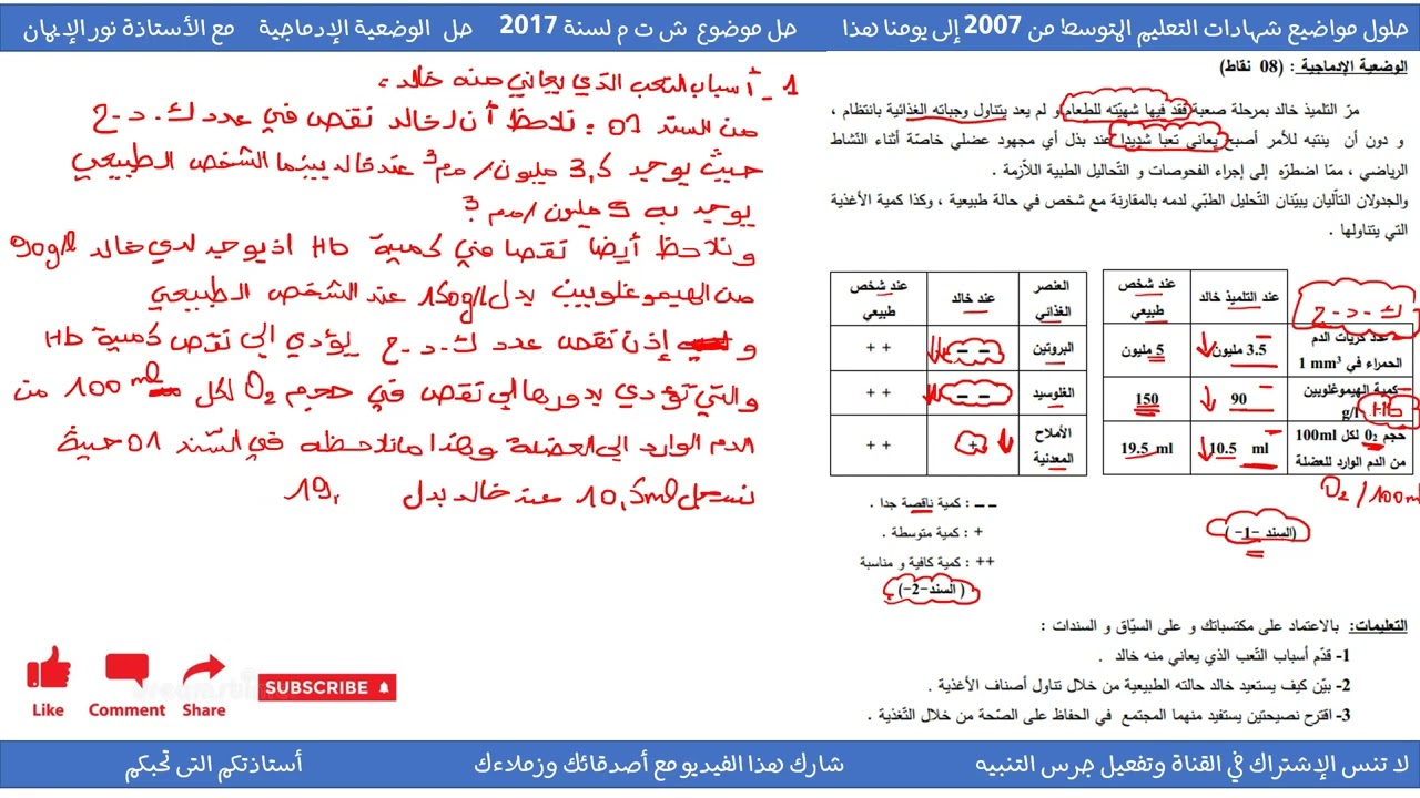 حل وضعية إدماجبة حول مرض فقر الدم وأسبابه علوم طبيعية سنة 04 متوسط