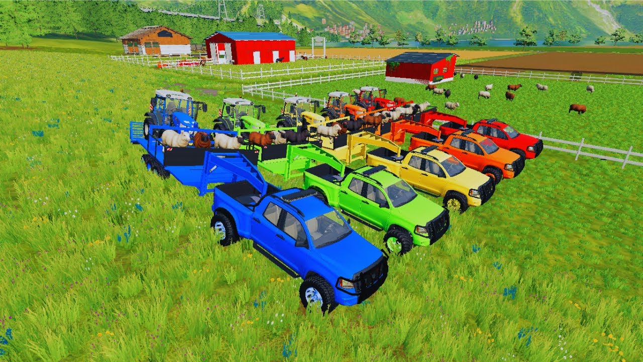 TRANSPORTING SHEEPS WITH COLORED MINI TRACTORS & PICKUP TRUCKS - CARS OF COLORS - Farming Simulator