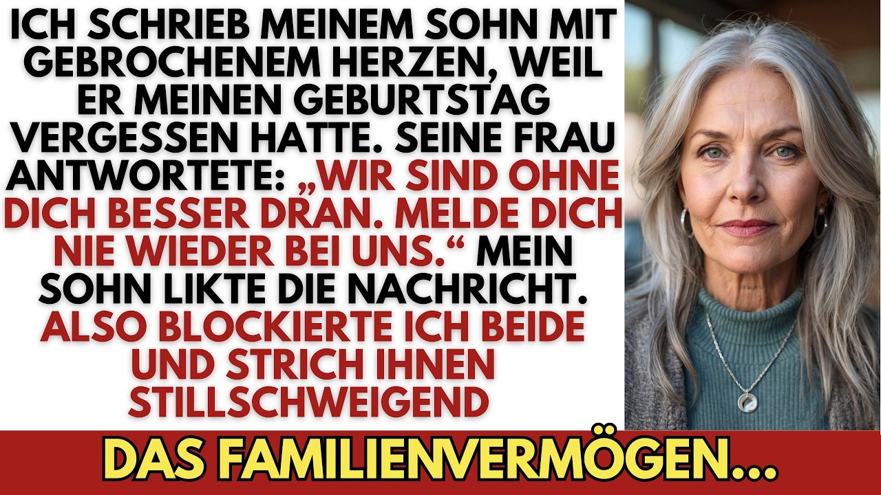 Ich wurde an meinem 66. Geburtstag von niemandem angerufen, nicht einmal von meinem eigenen Sohn. Als ich ihm schließlich schrieb und sagte, wie weh das tat, antwortete seine Frau von seinem...