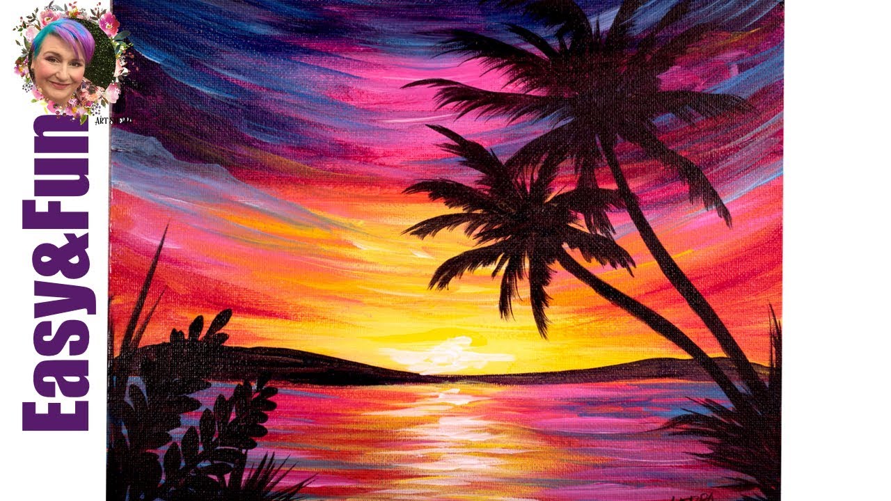 Easy steps to paint a sunset sky and a tree in acrylic paints