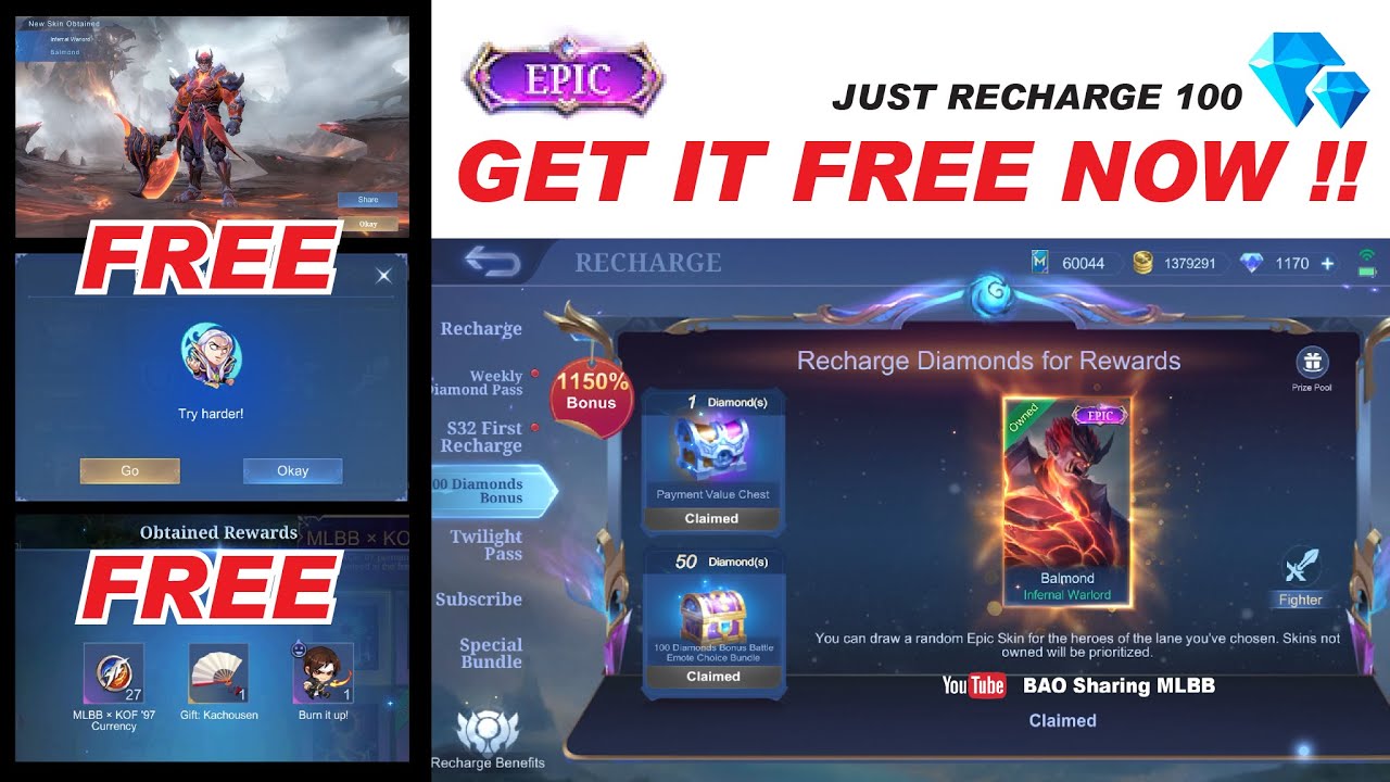 RECHARGE 100 Diamonds TO GET FREE EPIC SKIN and FREE EMOTE NOW ! 😍 ...