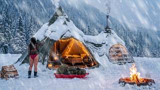 Alone in a snowstorm: Girl Camping Alone on a Frozen Lake ❄️ Fish Cakes & Snow Camping (ASMR)