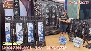10/4/2025 tranh tứ quý sứ, tủ áo khảm ốc, chân chò, đĩa sứ, đĩa gỗ khảm ốc, khay trà, lộc bình