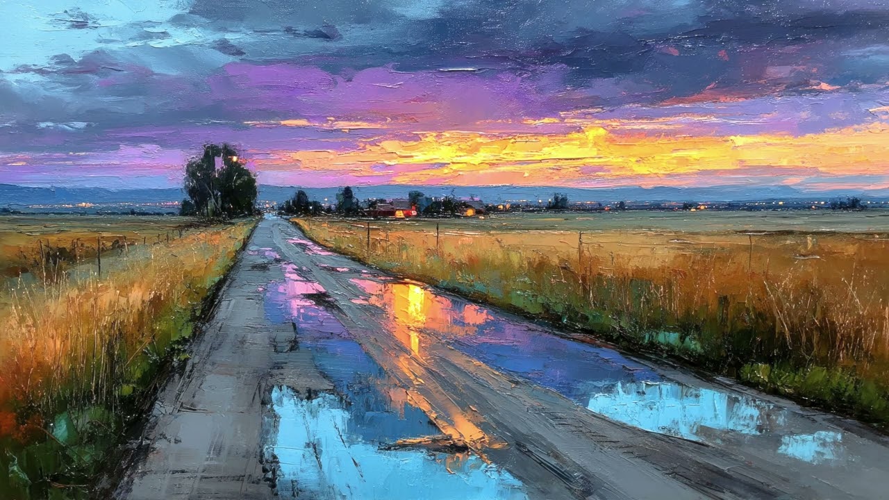 Rainy Sunset Road | 1 Hour Cinematic 4K Oil Painting TV Wallpaper Ambience
