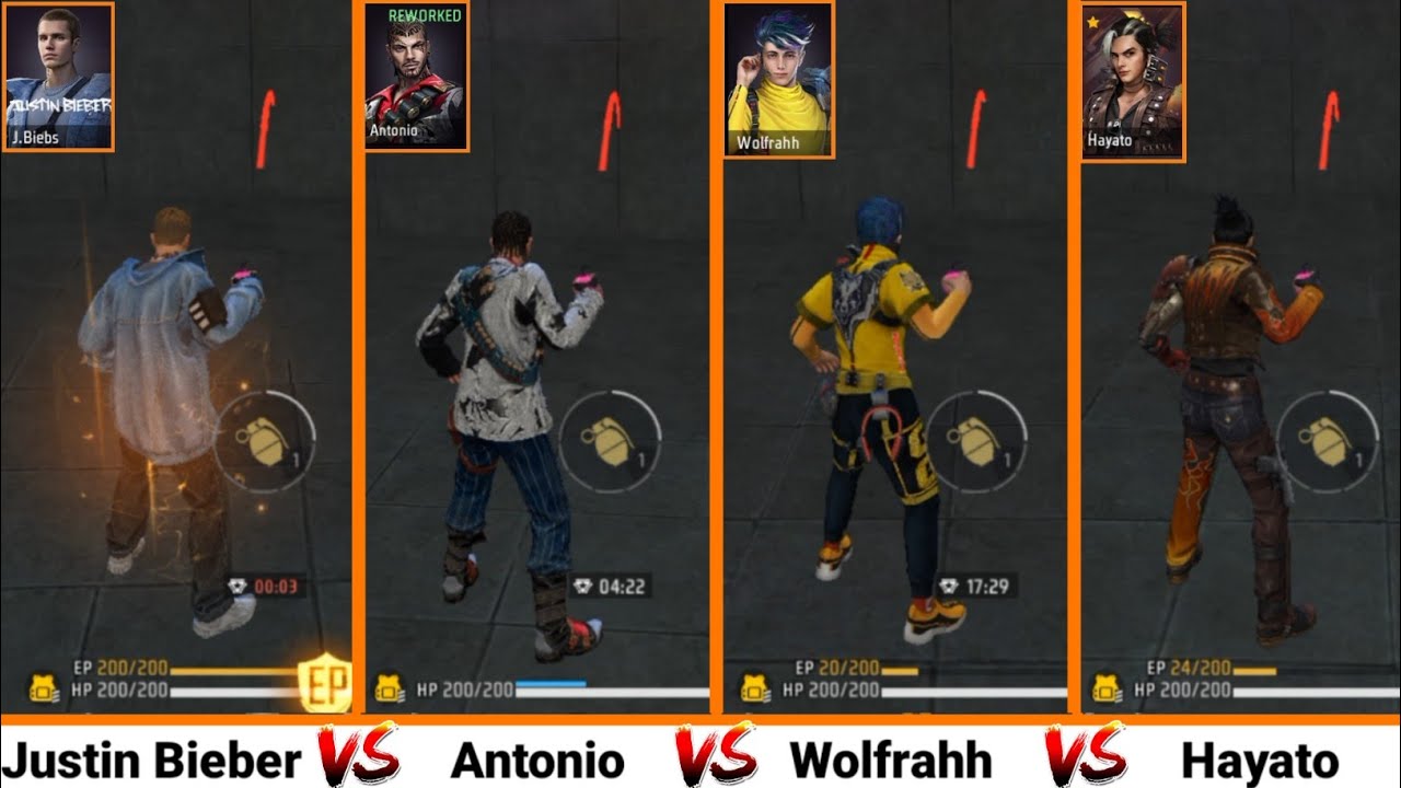 JUSTIN BIEBER VS ANTONIO VS WOLFRAHH VS HAYATO VS  DAMAGE TEST FREE FIRE / GARENA FREE FIRE