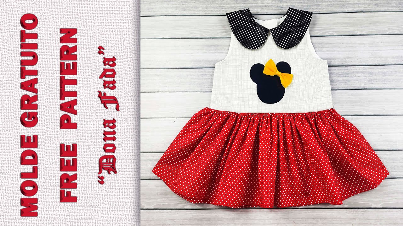 Vestido com Gola Boneca Molde Gratuito 3, 12 e 24 meses 