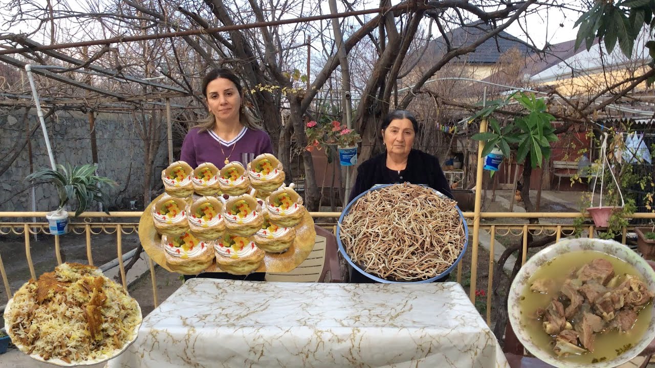 Grandma used her own recipe for noodle and bean pilaf\ Girl made a delicious fruit basket dessert!