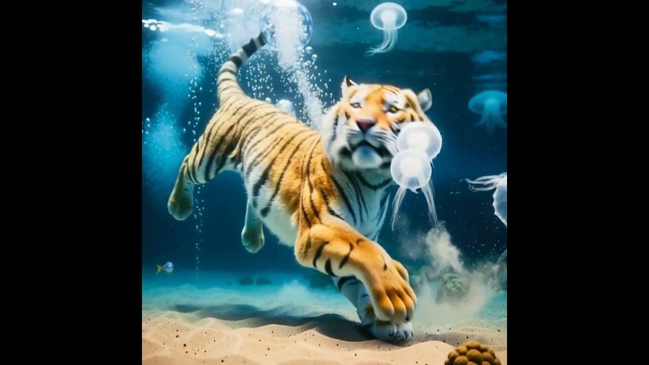 A tiger is underwater playing with jelly fish.  