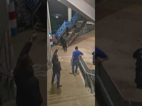 Hansafans schmeissen mit Pflastersteinen nach Schalke Fans im eigenen Stadion