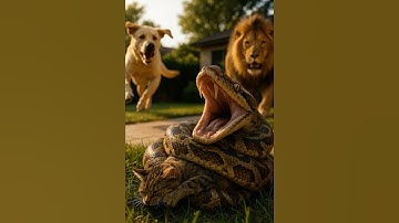 A puppy rescuing a kitten caught by an animal—Dog Fights Snake, Lion Helps