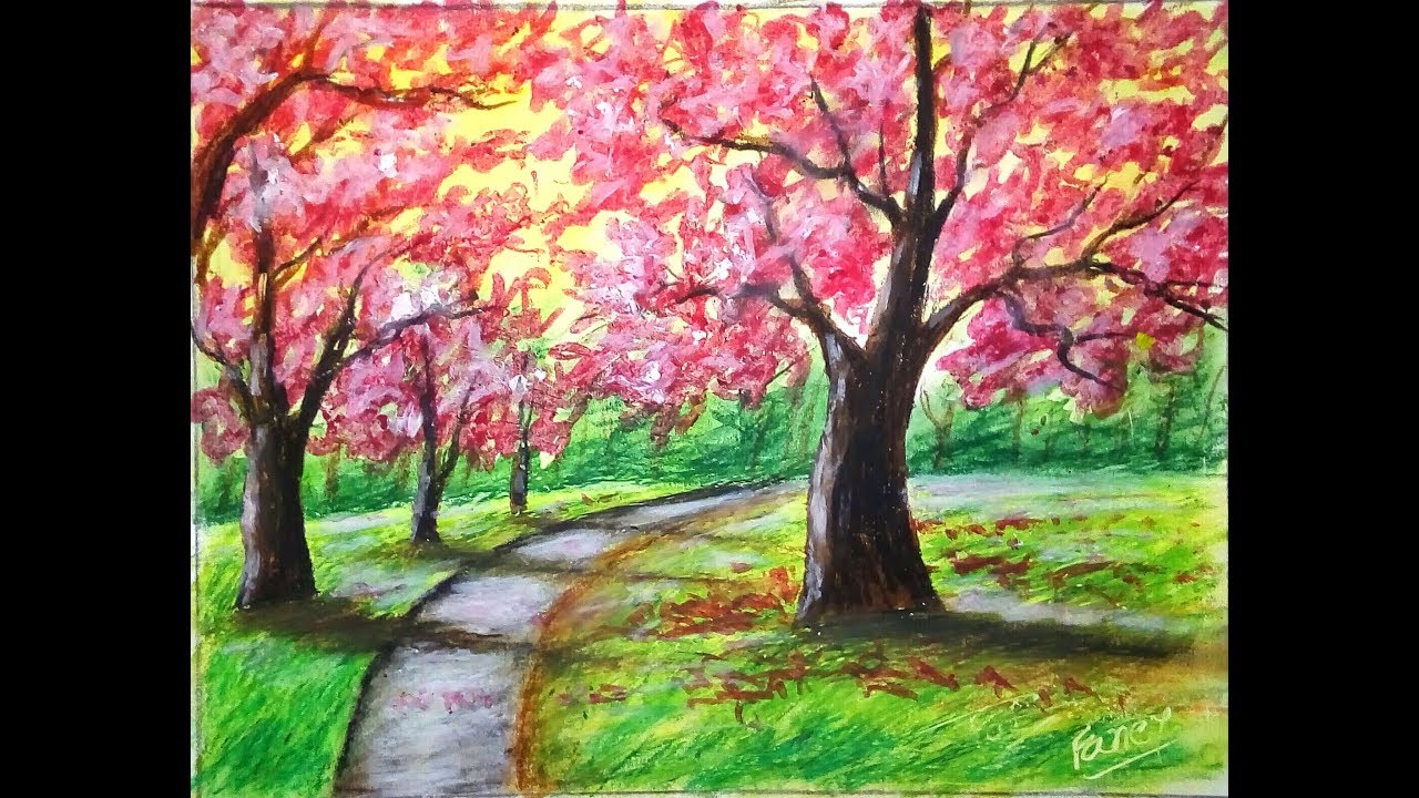 Cherry Blossom tree painting with oil pastel/cherry blossom tree ...