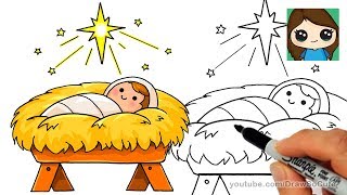 Follow along to learn how draw baby jesus in the manger, his bed of
hay, step by step, easy. nativity scene cute with star bethleh...