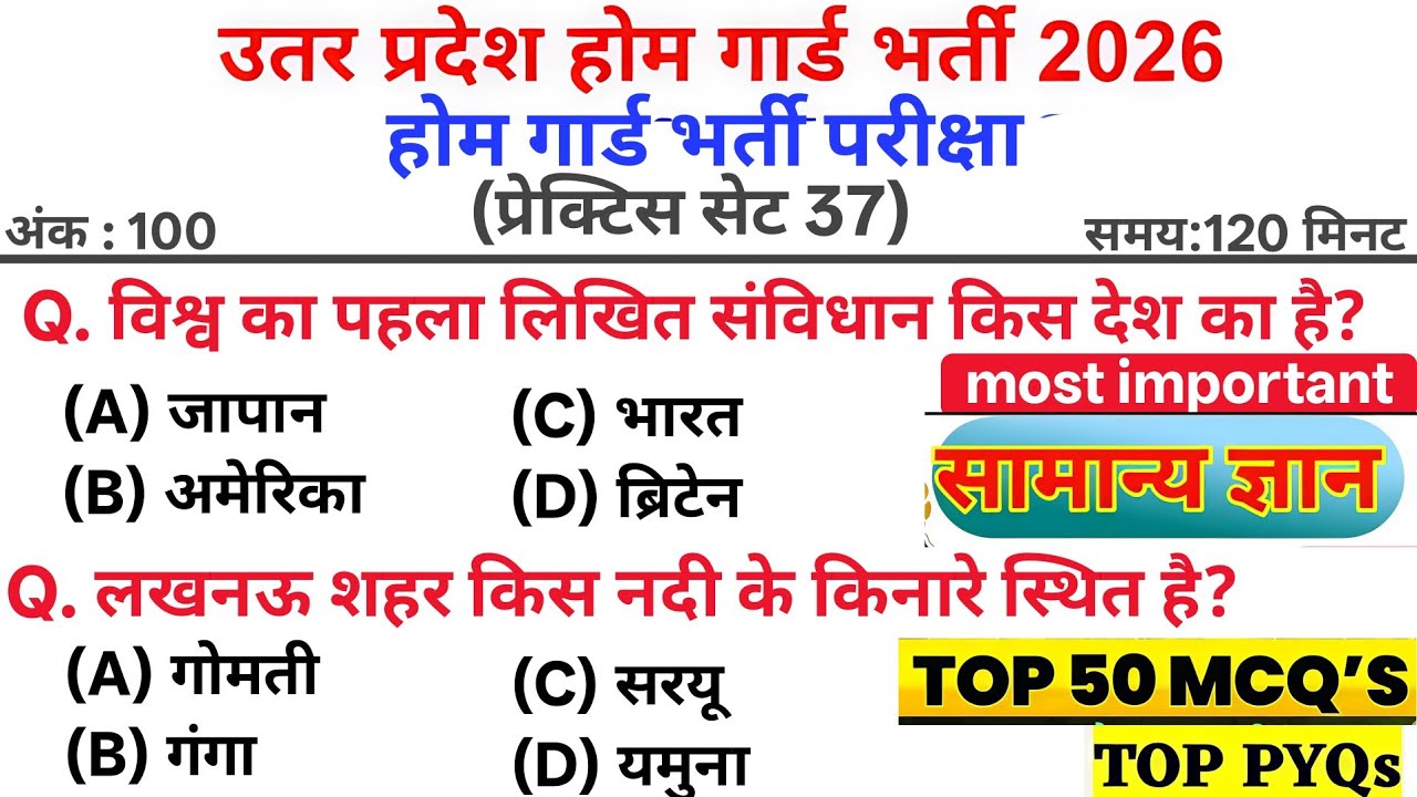 UP Home Guard Bharti 2026 | GK Practice Set 37 | Top 50 MCQ's