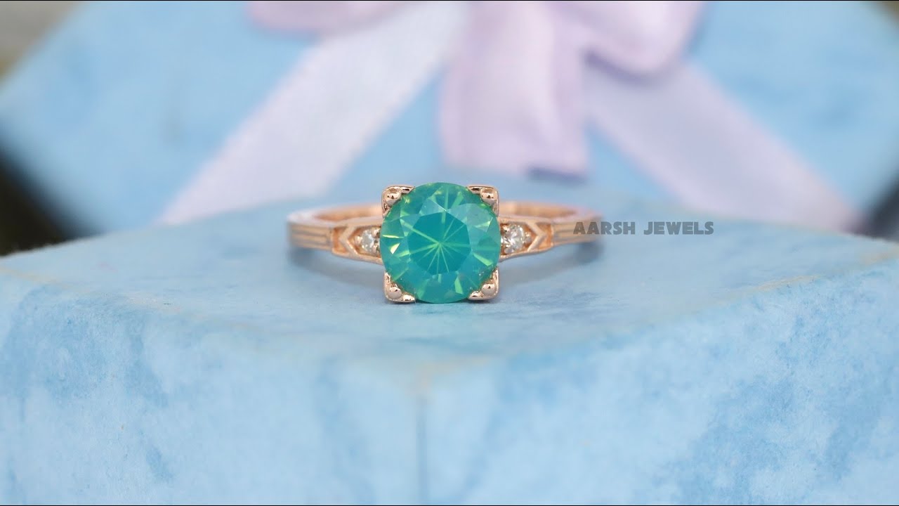 Round Aquamarine Gemstone Ring, March birthstone ring, Round Simulated Diamond Engagement Ring