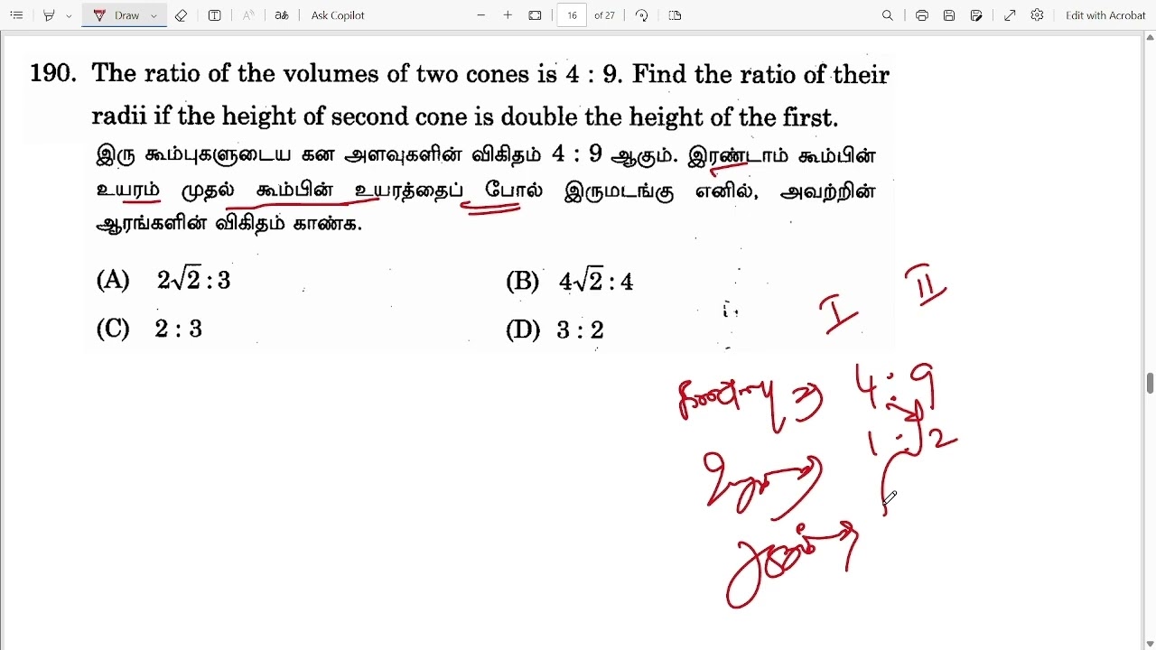 The ratio of the volumes of two cones is 4: 9. Find the ratio of their radii if the height