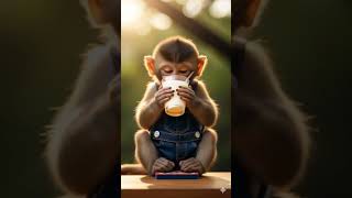 cute baby monkey drinking lassi and laughing #cute #monkey #funny #shorts #forkids #explore