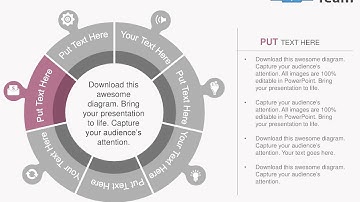 seven staged circular interconnected puzzle diagram with icons flat powerpoint design