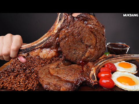 dana biftek ve erişte BEEF RIB STEAK 🥩 BLACK BEAN NOODLE MUSHROOM EATING ASMR MUKBANG
