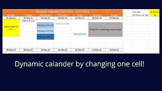 Dynamic Calendar in Excel -start date & #of rows per day