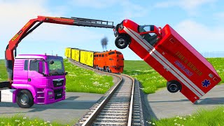 Ambulance Stuck Crane Truck Car Rescue - Cars vs Train and Rails - BeamNG.drive