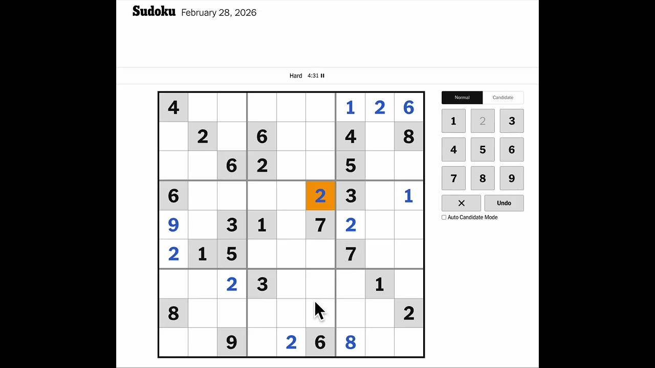 New York Times Sudoku Hard Solution for February 28, 2026: Solving without Markings
