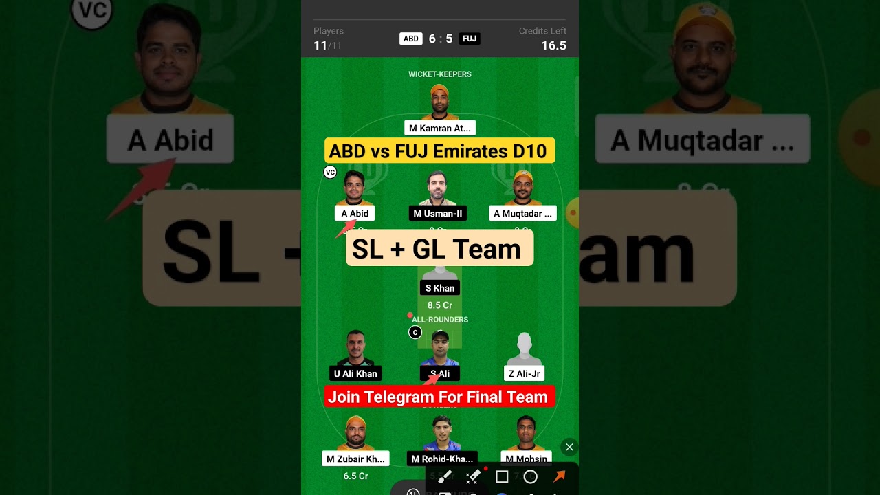 abd vs fuj d10 dream11 prediction, abd vs fuj dream11 team, emirates d10 dream11 team of today match