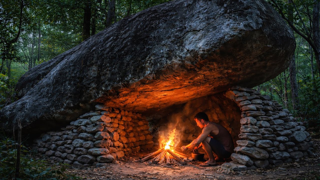 I Built A Primitive Stone Shelter under a Giant Rock | Survival 