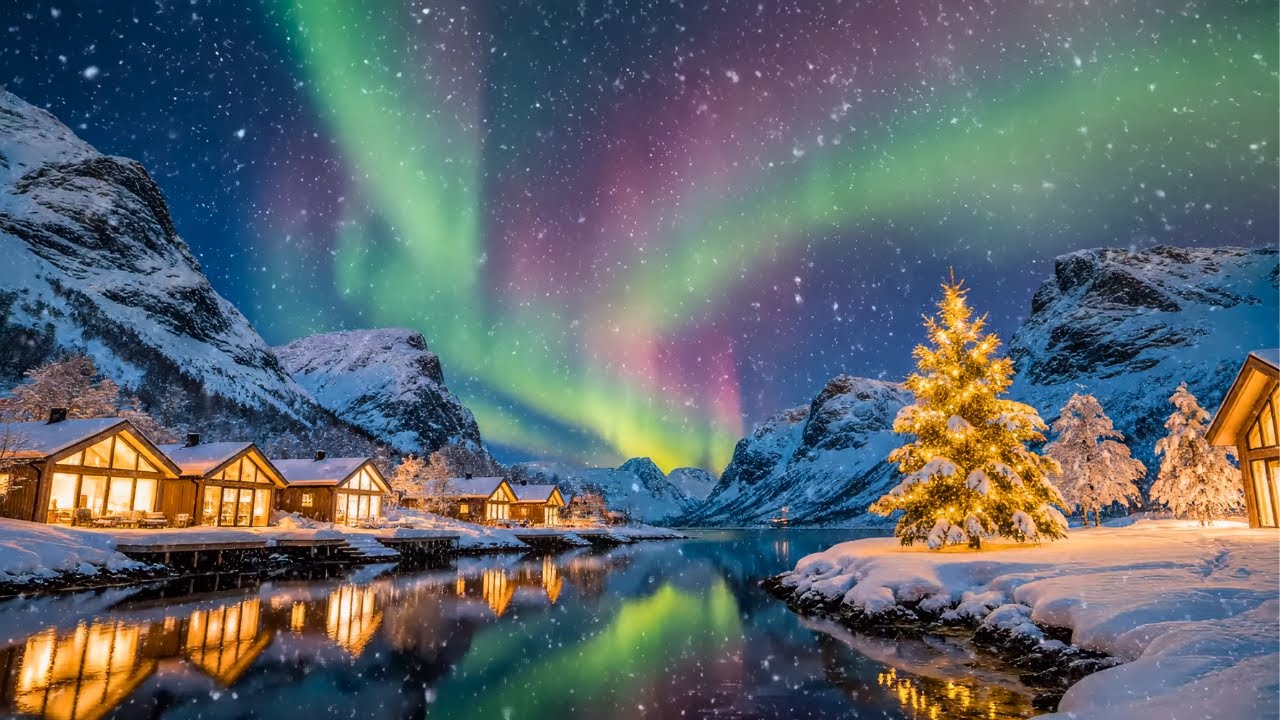 Arctic Christmas Glow ✨ Peaceful Northern Lights Winter Landscape Ambience & Soft Jazz Music