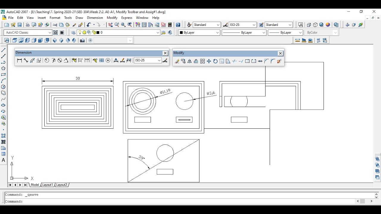 How to Use Modify and Dimensions Toolbar in AutoCAD 2007 Week 2