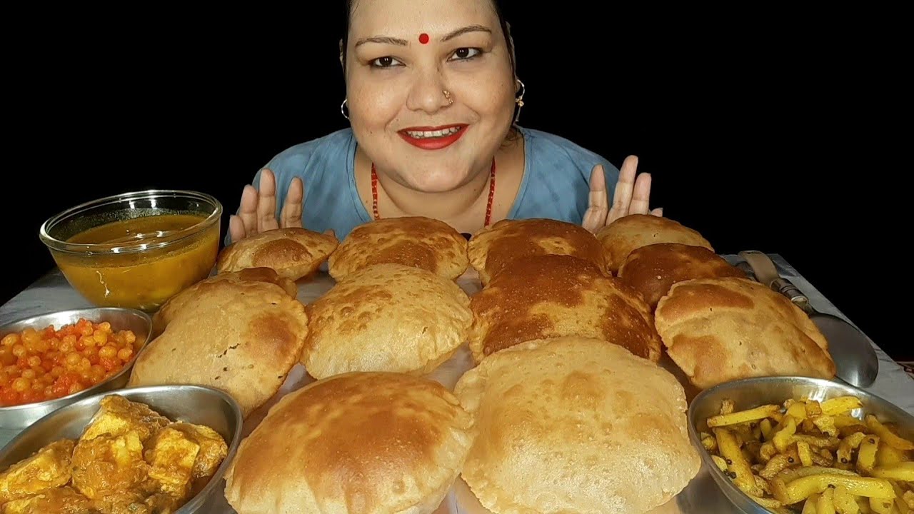 ASMR EATING // eating puri, bundiya, aloo kala chana ki sabji, paneer