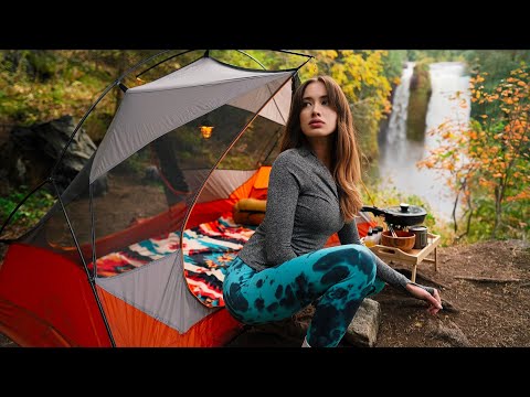 Backcountry Camping With Beautiful Tent Hiking Searching For Hidden Waterfall Swimming