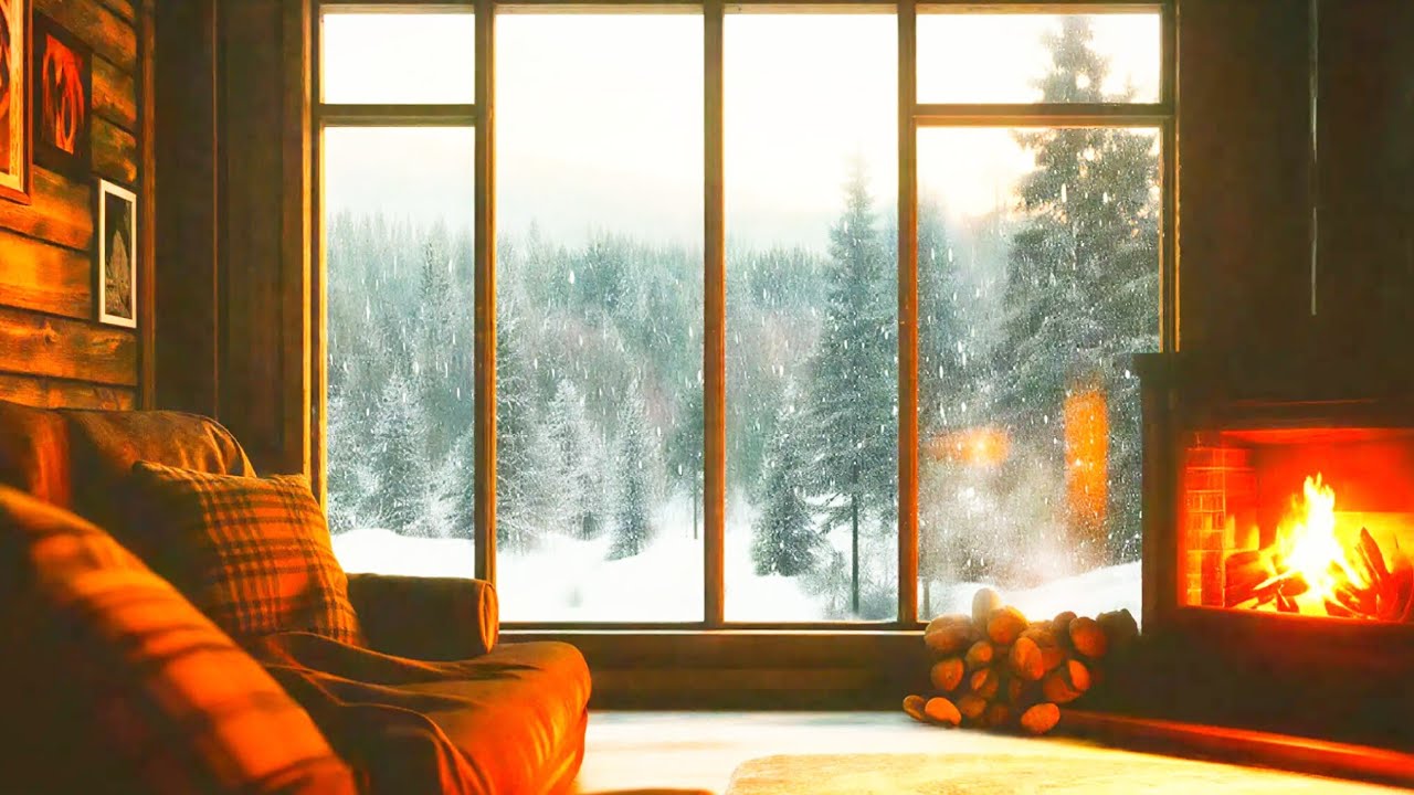 Cozy Cabin in the Woods Fireplace Ambience ❄️ Crackling Fire & Snowfall for Sleep