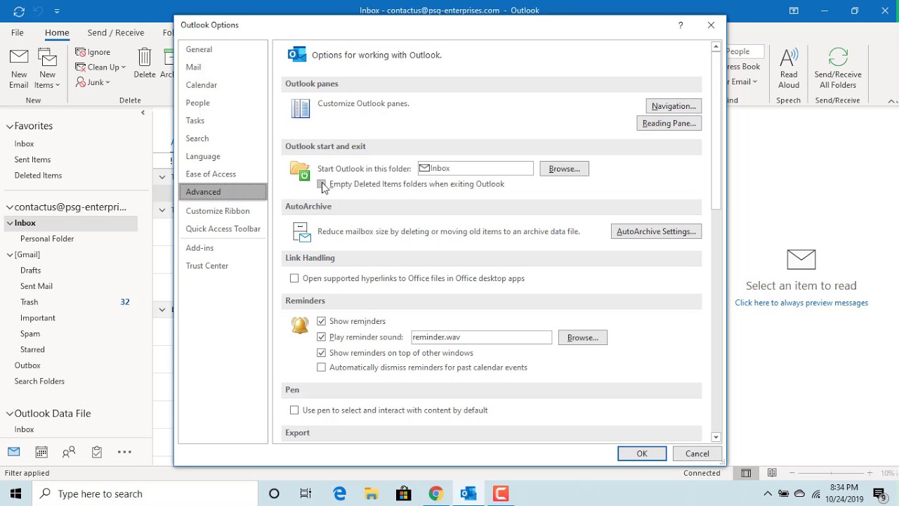 How To Empty Deleted Items Folder When Exiting Outlook Office 365