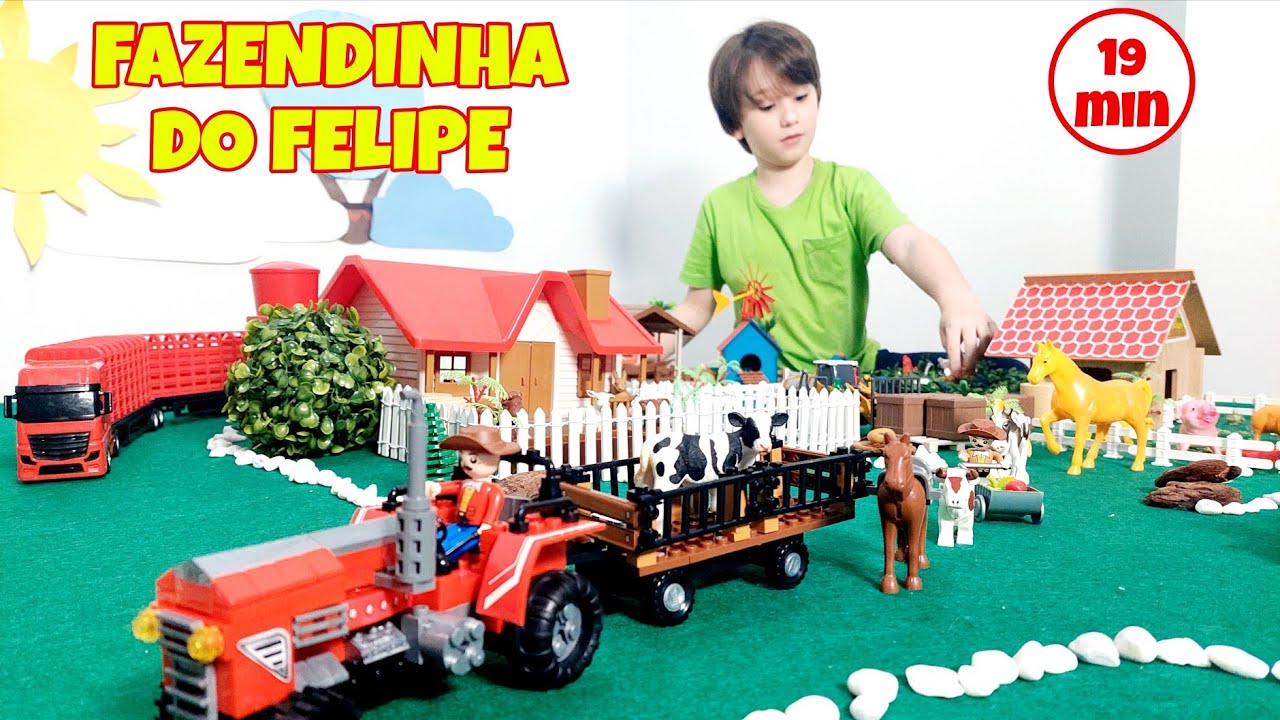 Fazendinha do Felipe Canopf - Nova Aventura com Trator de Lego, Vaca, Boi, Cavalo! Toy Farm Cow #4k