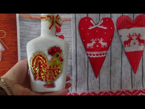 Новогодний декор бутылки. Год петуха. Новогодний декор бутылки. Год петуха.